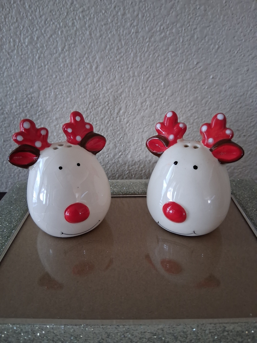 Holiday Reindeer Ceramic Salt and Pepper Shaker Set - White and Red